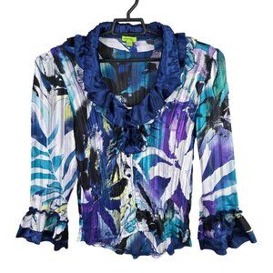 Womens Agora Multicolor Abstract Blouse Ruffle V-Neck Long Sleeve Polyester XL